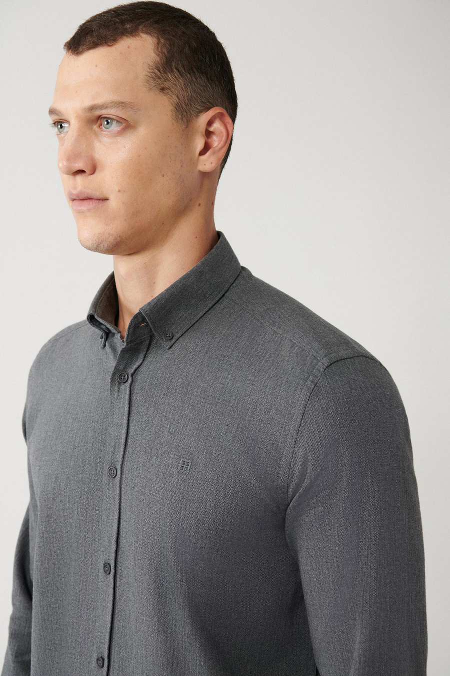 Antrasit Düğmeli Yaka Balıksırtı Flanel Regular Fit Gömlek