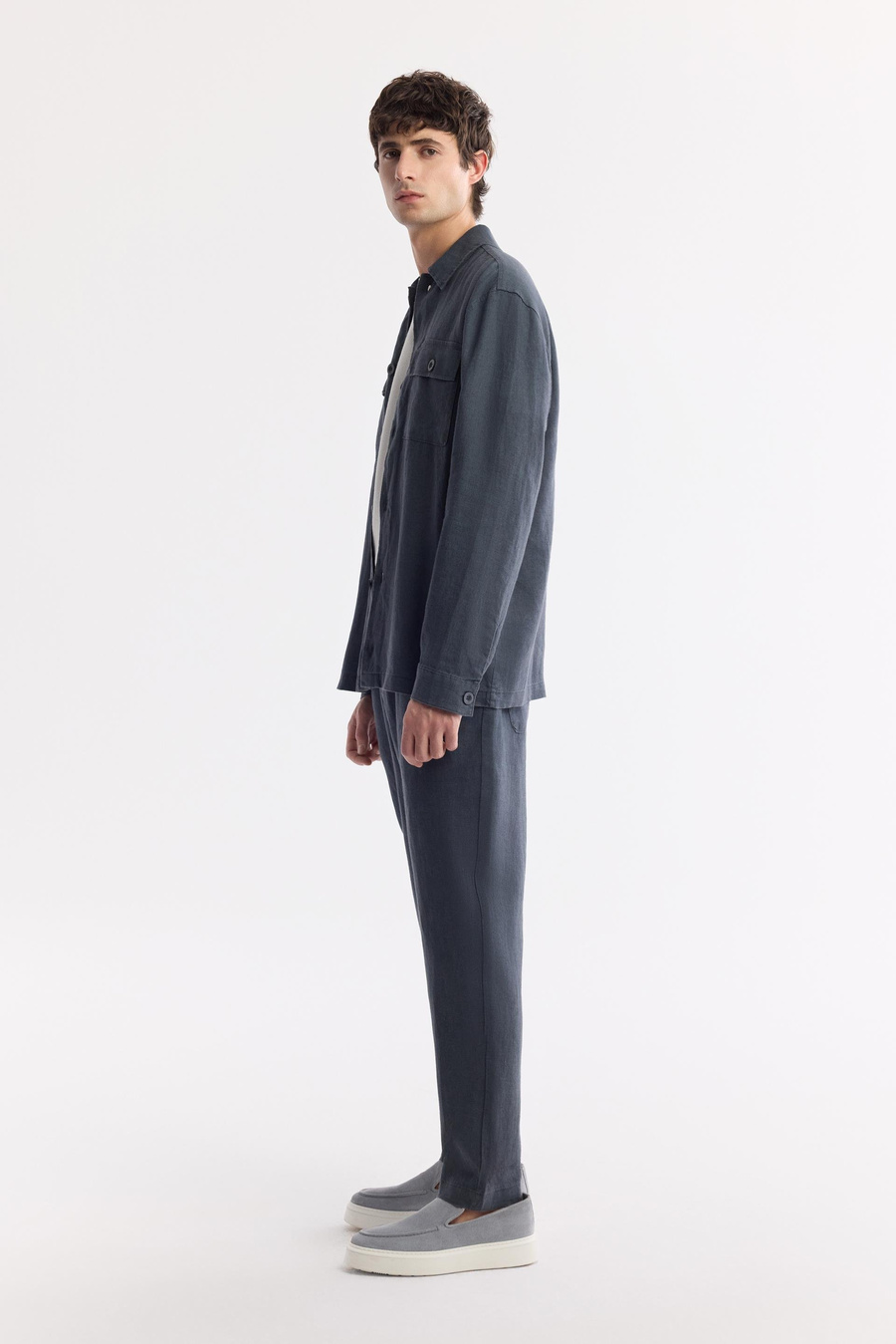 Antrasit Klasik Yaka %100 Keten Comfort Fit Gömlek Ceket