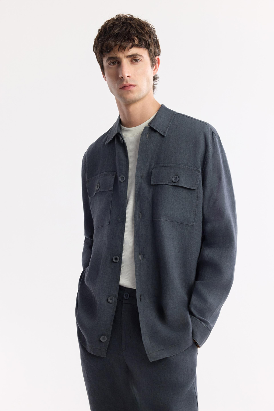 Antrasit Klasik Yaka %100 Keten Comfort Fit Gömlek Ceket