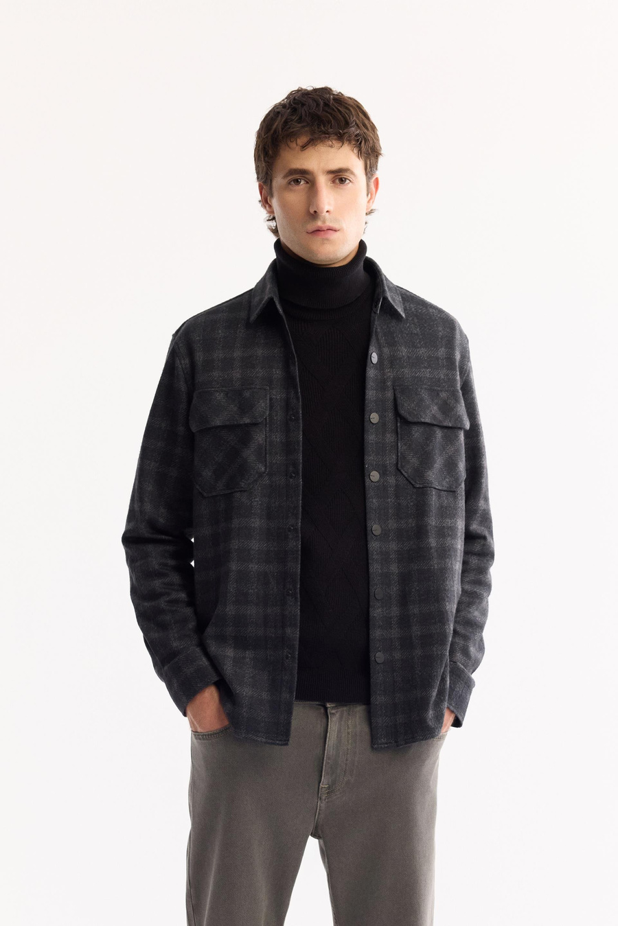 Anthracite Classic Collar Soft Touch Easy-Iron Checkered Shirt Jacket