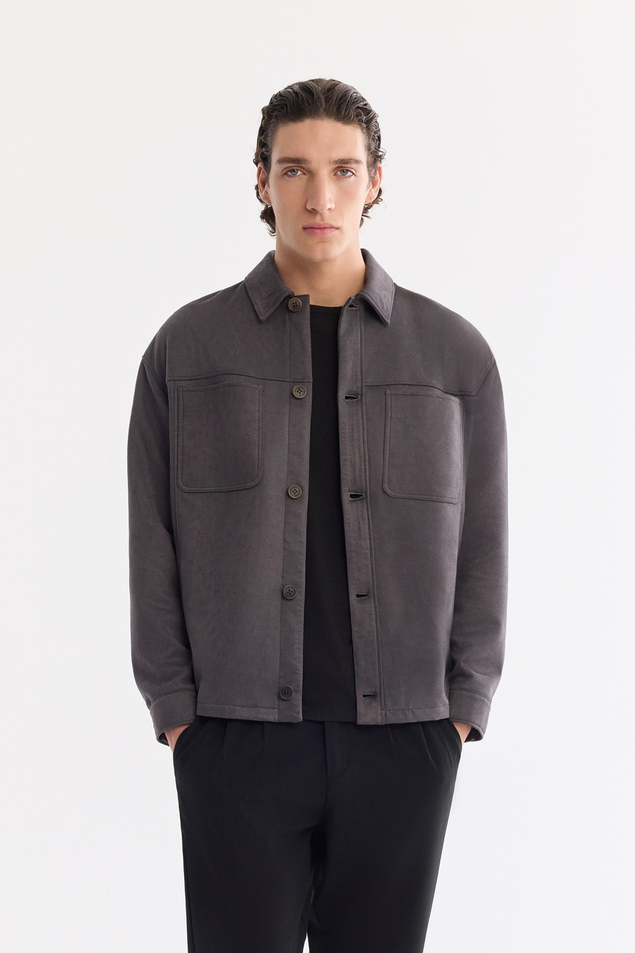 Antrasit Klasik Yaka Süet Dokulu Mevsimlik Mont