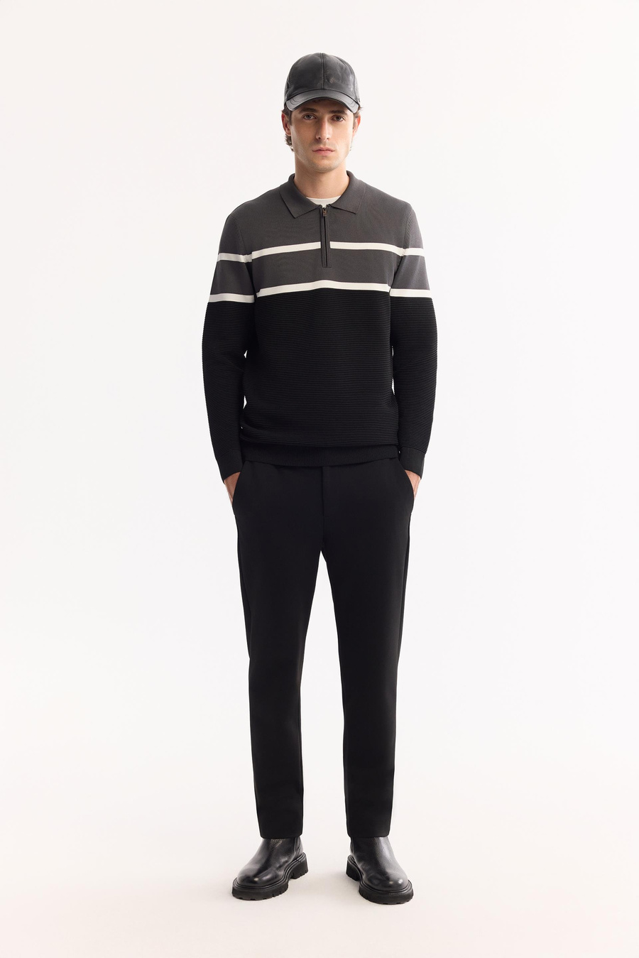 Antrasit Polo Yaka Fermuarlı Fiitil Örgü Detaylı Blok Renkli Kazak