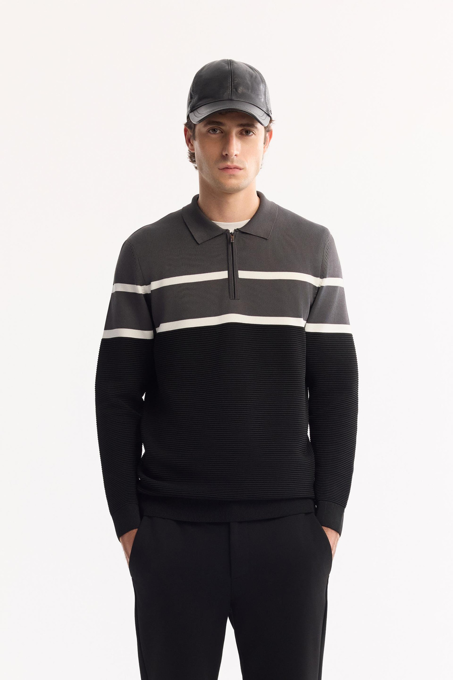 Antrasit Polo Yaka Fermuarlı Fiitil Örgü Detaylı Blok Renkli Kazak