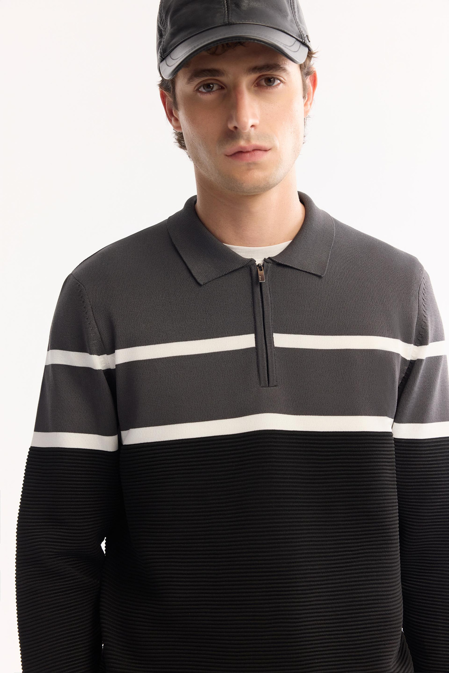 Antrasit Polo Yaka Fermuarlı Fiitil Örgü Detaylı Blok Renkli Kazak