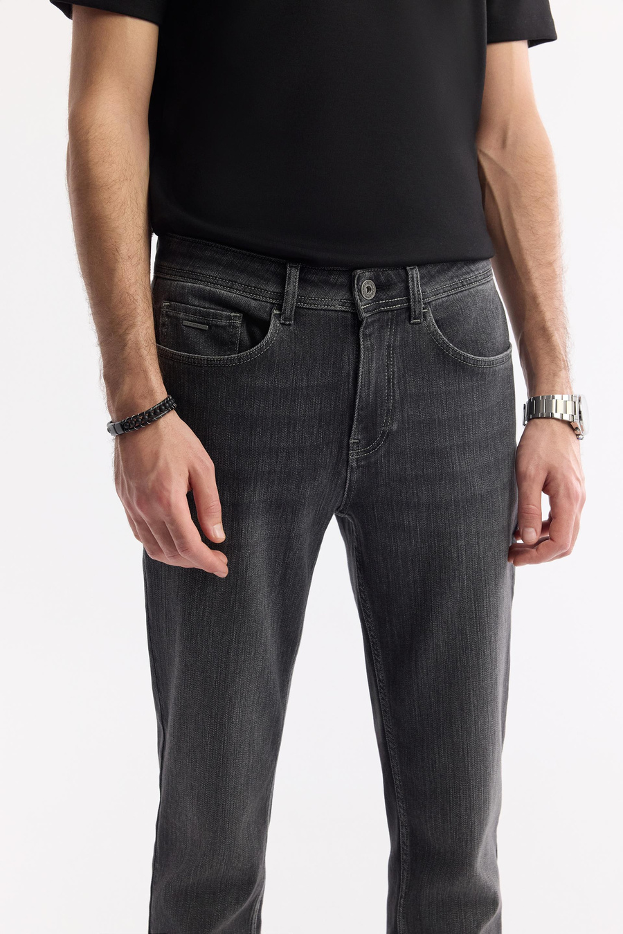 Antrasit Taş Yıkamalı Örme Slim Fit Denim Pantolon