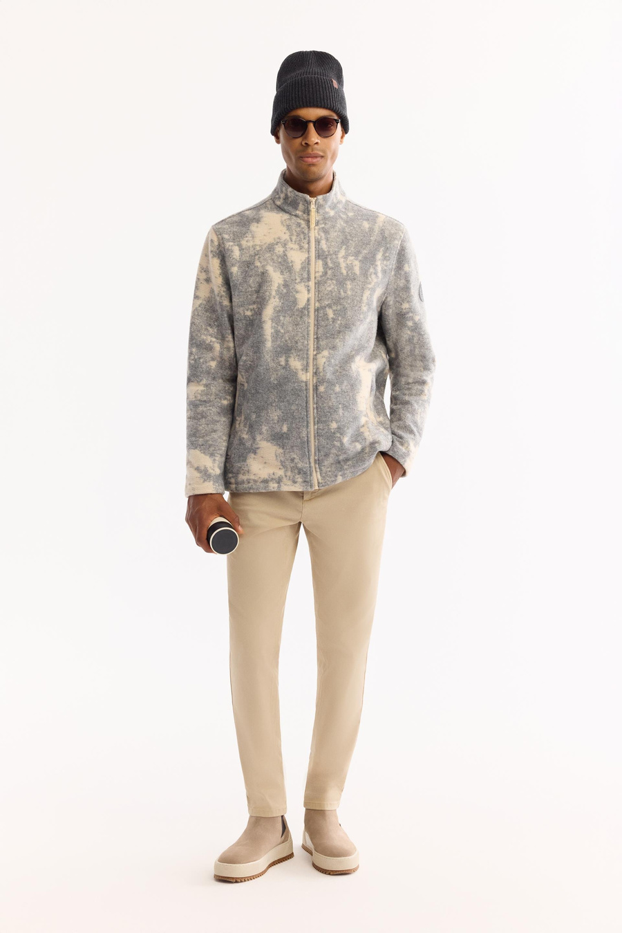 Bej-Antrasit Dik Yaka  Fermuarlı Metraj Baskılı  Peluş Hırka