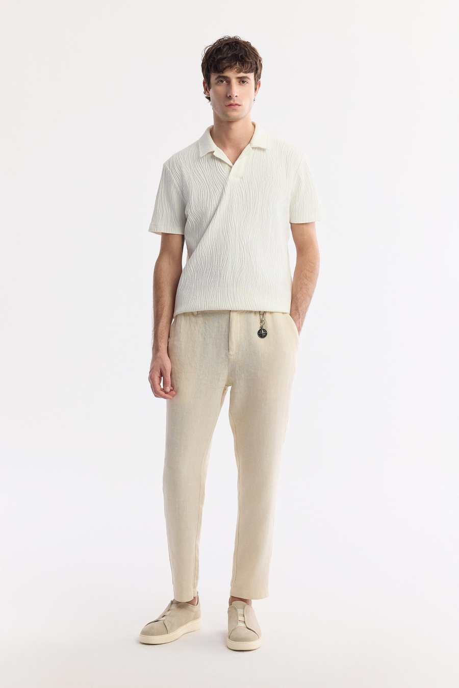 Bej Beli Lastikli %100 Keten Issos Relaxed Fit Pantolon