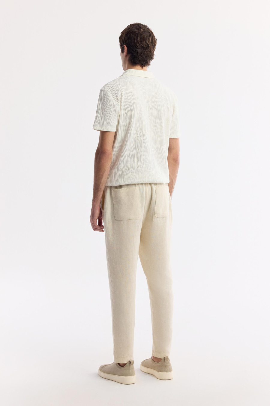 Bej Beli Lastikli %100 Keten Issos Relaxed Fit Pantolon