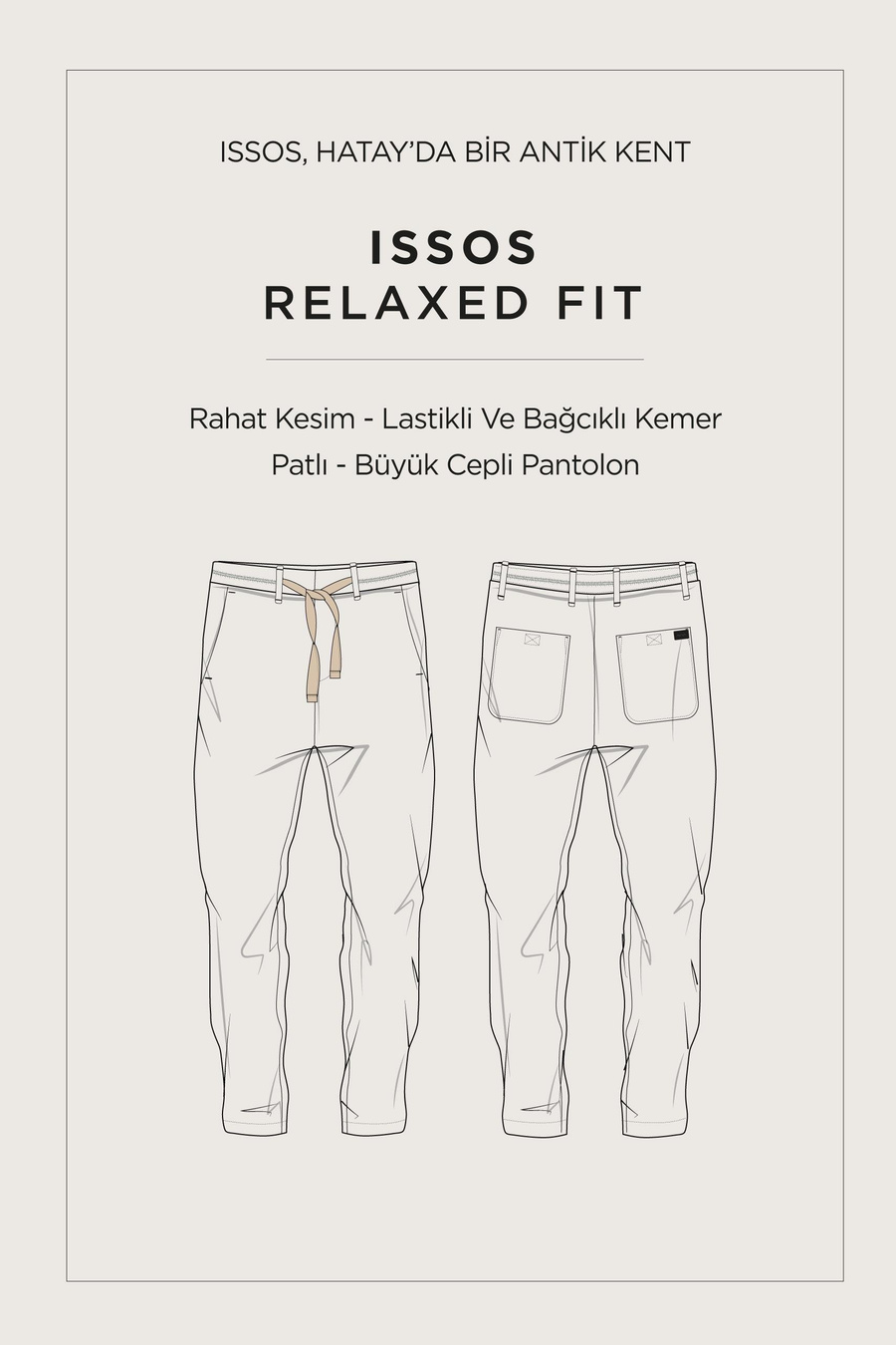 Bej Beli Lastikli %100 Keten Issos Relaxed Fit Pantolon