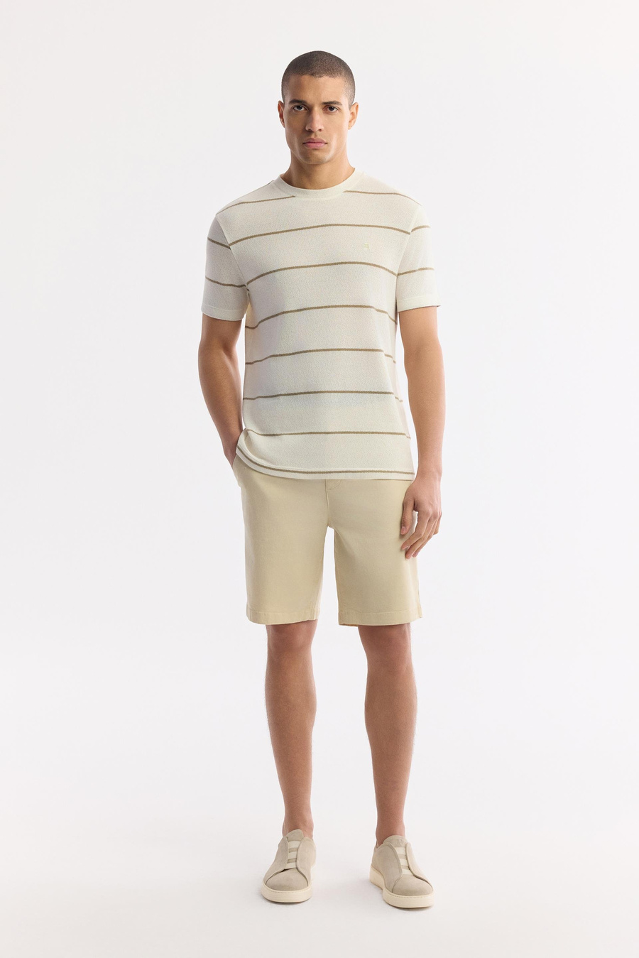 Bej Bisiklet Yaka File Örgü Detaylı T-Shirt