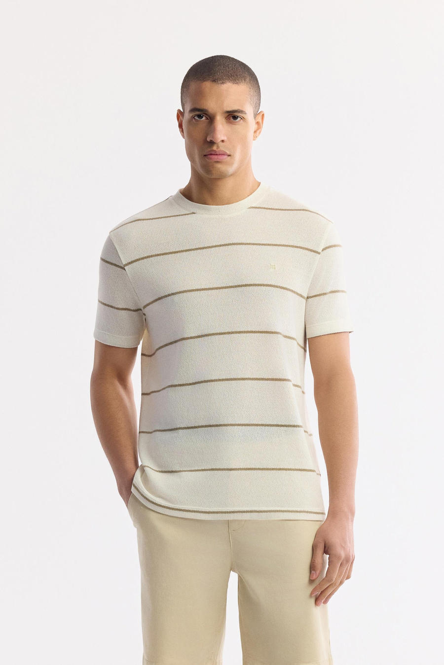 Bej Bisiklet Yaka File Örgü Detaylı T-Shirt