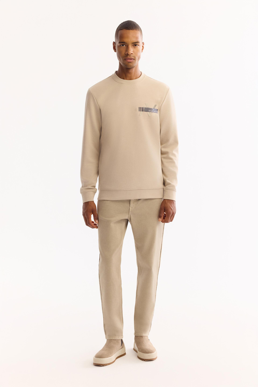 Bej Bisiklet Yaka Göğsü Hologram Baskı  İnterlok Sweatshirt