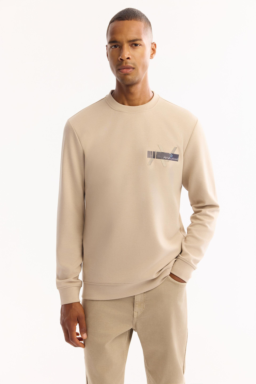 Bej Bisiklet Yaka Göğsü Hologram Baskı  İnterlok Sweatshirt