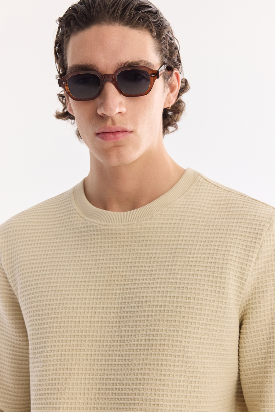 Bej Bisiklet Yaka Pamuklu Kolay Ütülenen Sweatshirt