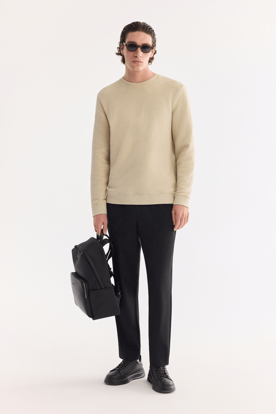 Bej Bisiklet Yaka Pamuklu Kolay Ütülenen Sweatshirt