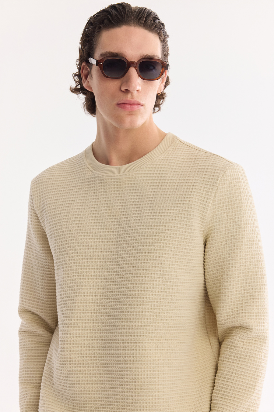 Bej Bisiklet Yaka Pamuklu Kolay Ütülenen Sweatshirt