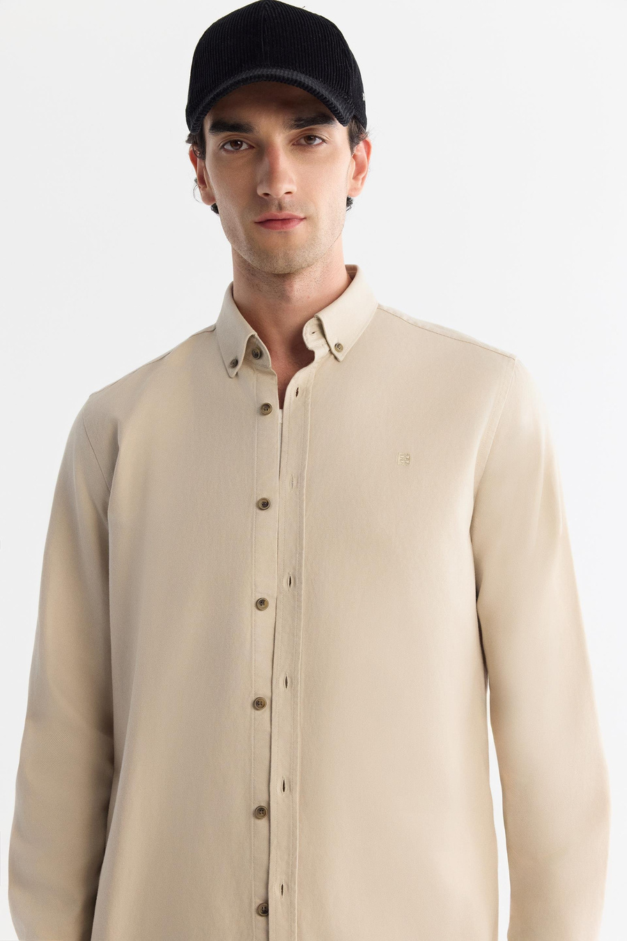 Bej Düğmeli Yaka Diagonel Regular Fit Gömlek