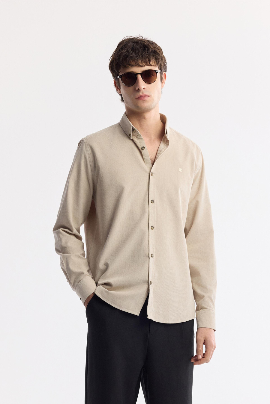 Beige 100% Cotton Corduroy Shirt