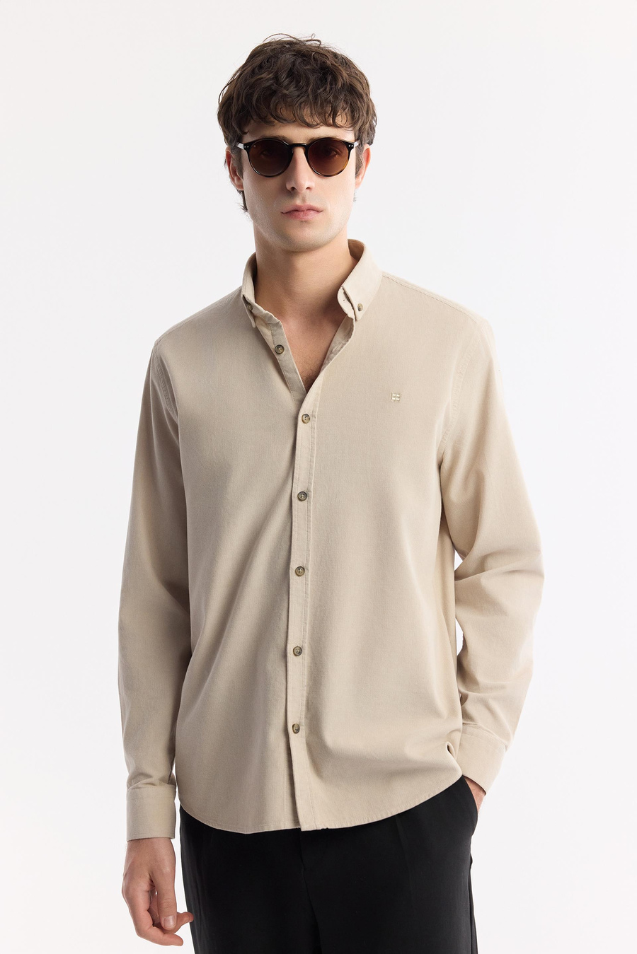 Beige 100% Cotton Corduroy Shirt