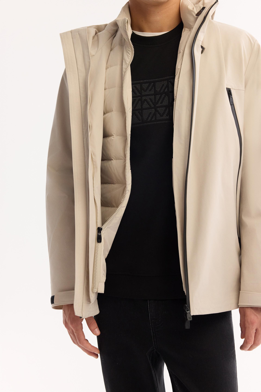 Bej Fonksiyonel Çift Kullanımlı Ördek Tüyü İnce Mont