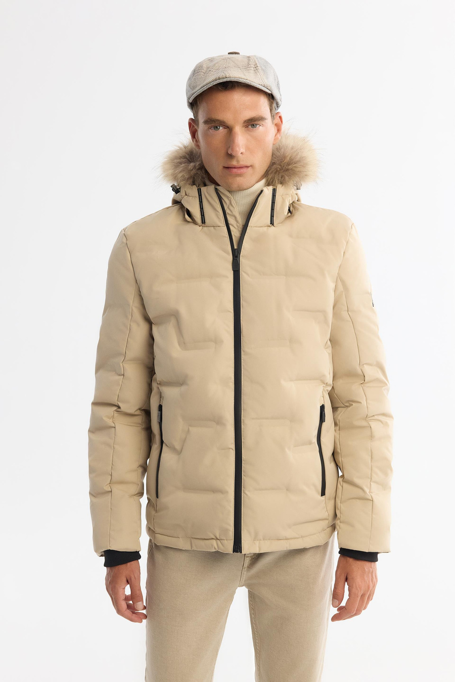 Beige Hooded Goose Down Puffer Jacket
