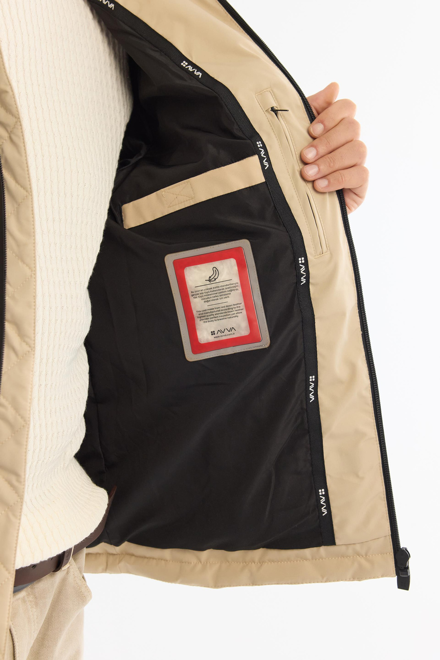 Bej Kapüşonlu Yaka Kürk Detaylı Kaz Tüyü Mont