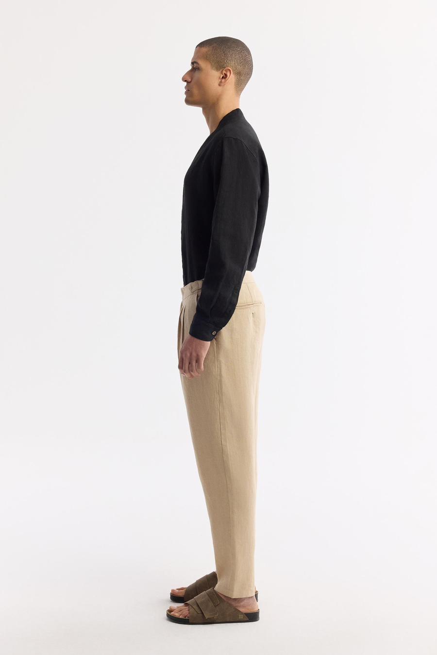 Bej Klasilk Bel Apolet Detaylı Gordion %100 Keten Carrot Fit Pantolon