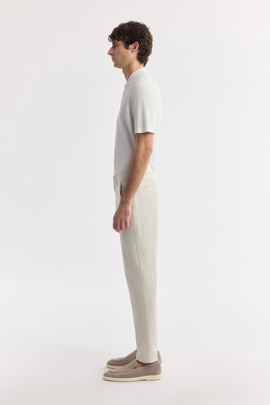 Bej Klasilk Bel Gofre Çizgili Perintos Relaxed Fit Pantolon