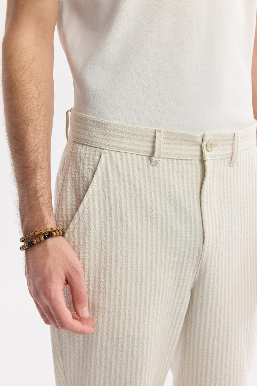 Bej Klasilk Bel Gofre Çizgili Perintos Relaxed Fit Pantolon