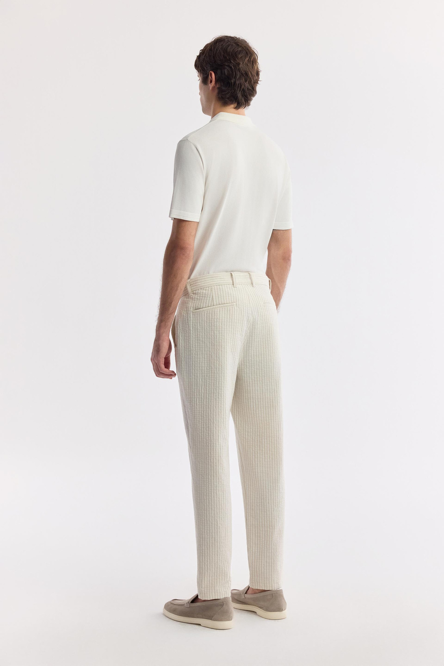 Bej Klasilk Bel Gofre Çizgili Perintos Relaxed Fit Pantolon