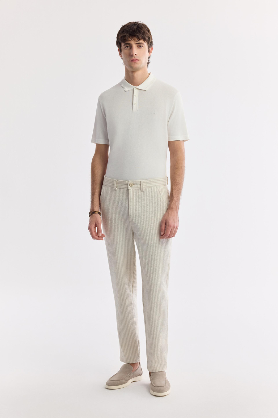 Bej Klasilk Bel Gofre Çizgili Perintos Relaxed Fit Pantolon