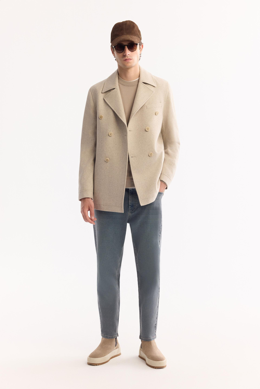 Bej Kruvaze Yaka Yandan Cepli Çift Sıra Düğme Kapatmalı Astarlı Kaşe Kaban