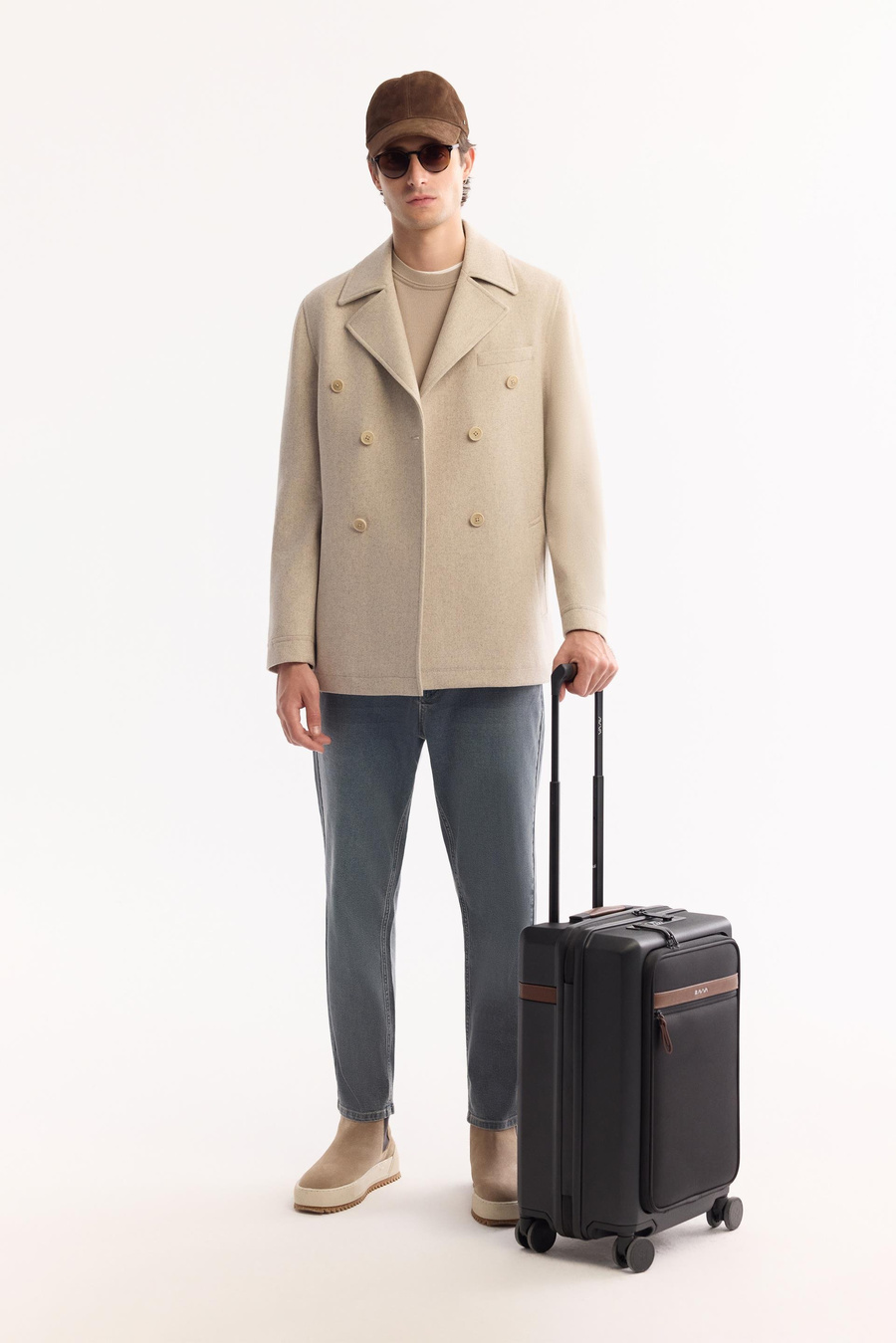 Bej Kruvaze Yaka Yandan Cepli Çift Sıra Düğme Kapatmalı Astarlı Kaşe Kaban