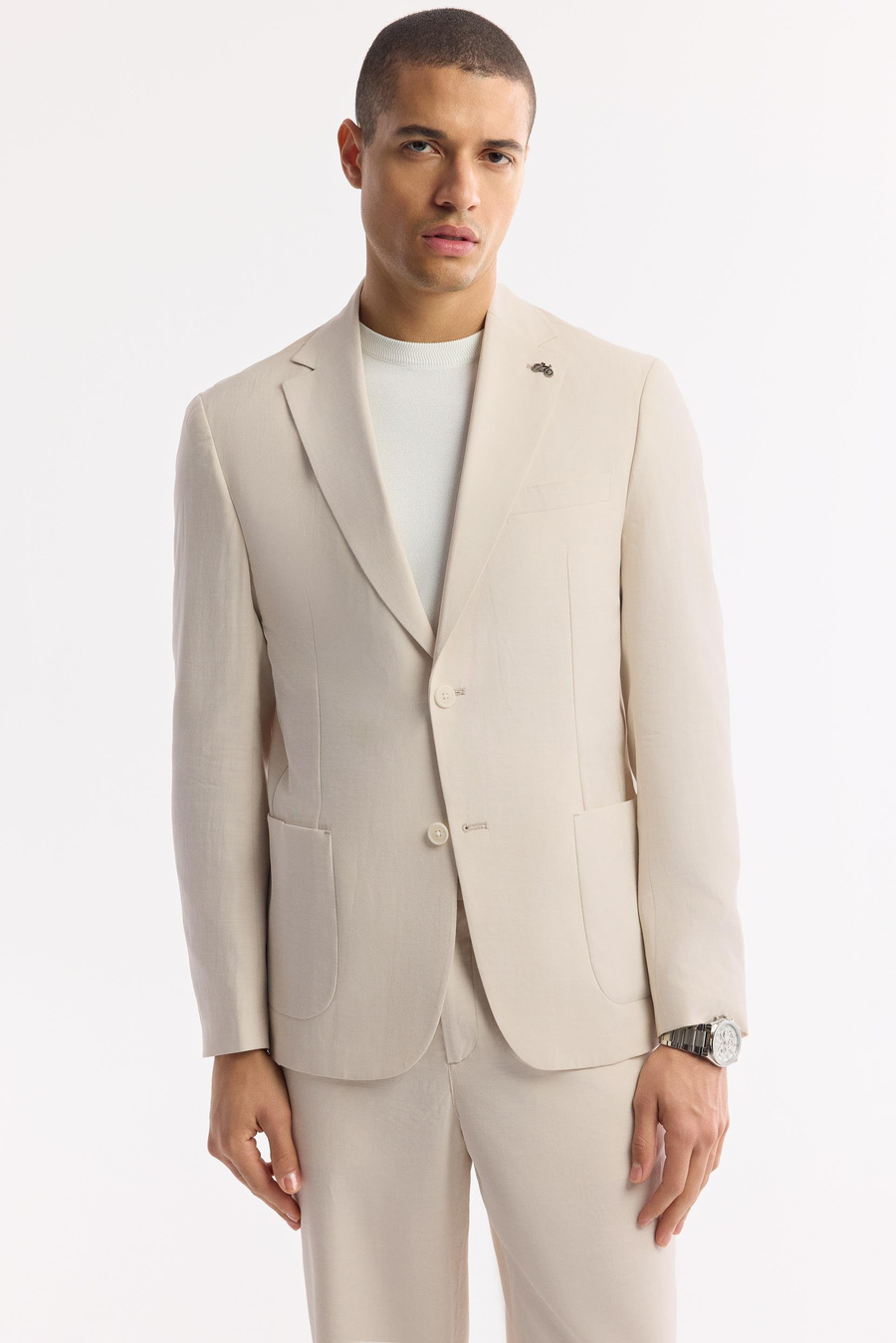 Bej Mono Yaka Torba Cep Çift Yırtmaç Astarsız Lıghtweıght Tensel Kumaşlı Ceket