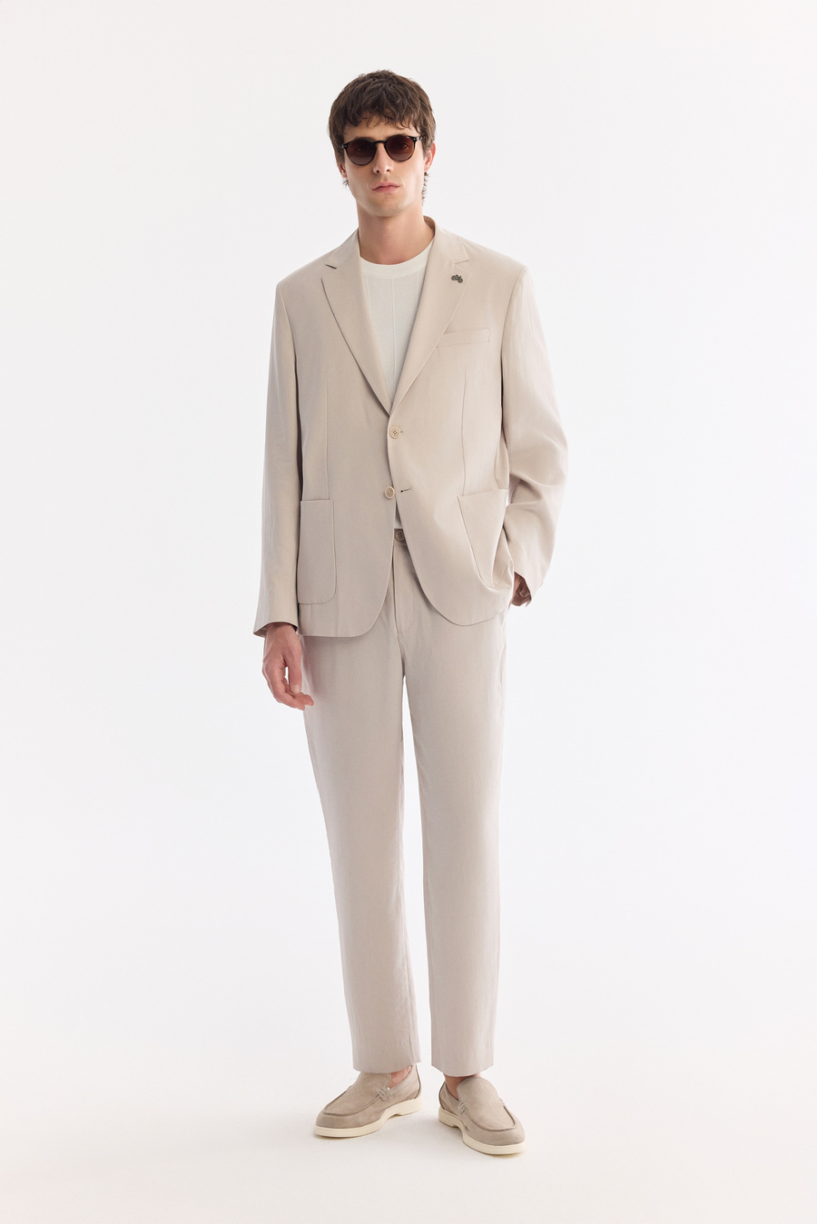 Bej Mono Yaka Torba Cep Çift Yırtmaç Astarsız Malzemesiz Modal-Tensel Kumaşlı Ceket