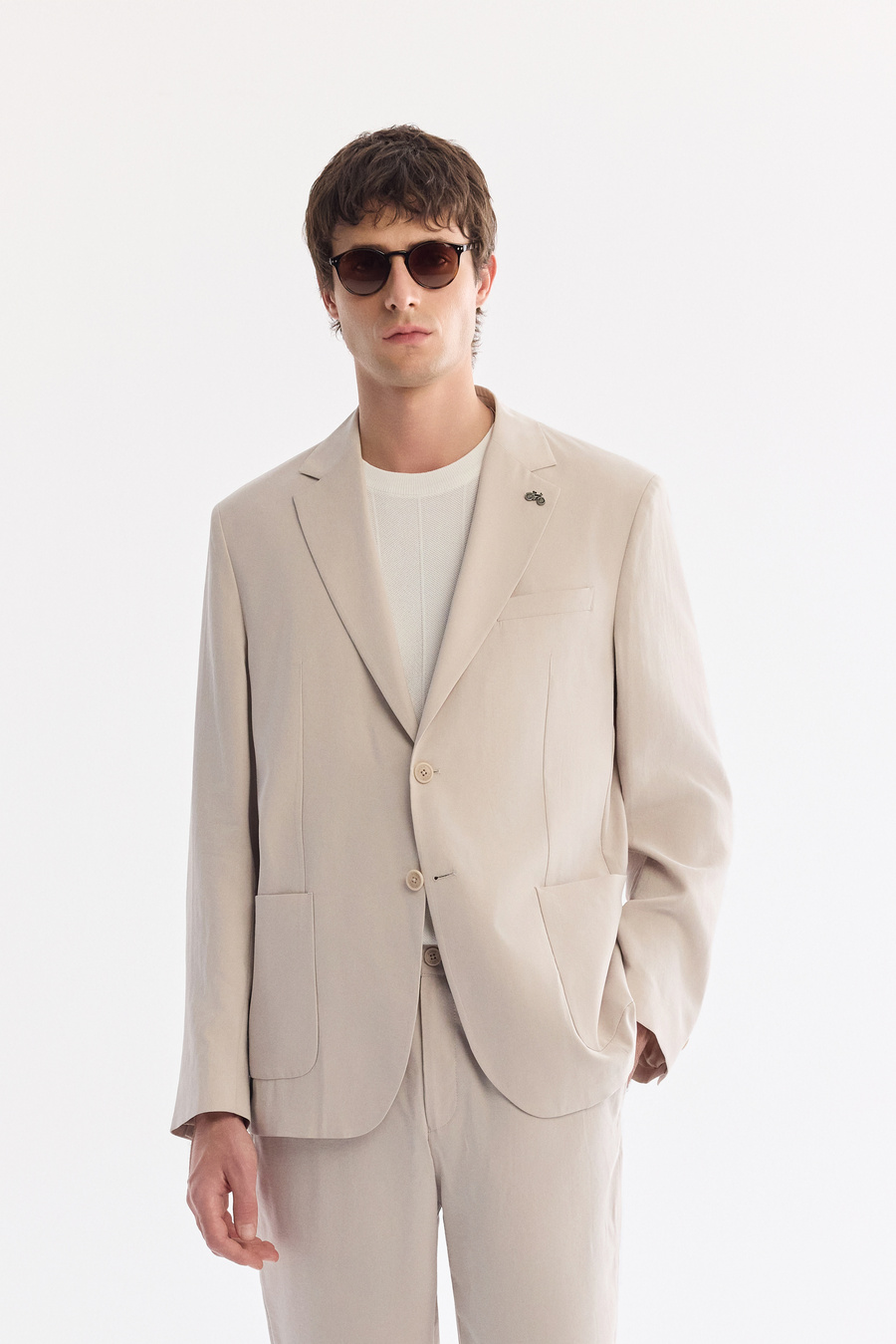 Bej Mono Yaka Torba Cep Çift Yırtmaç Astarsız Malzemesiz Modal-Tensel Kumaşlı Ceket