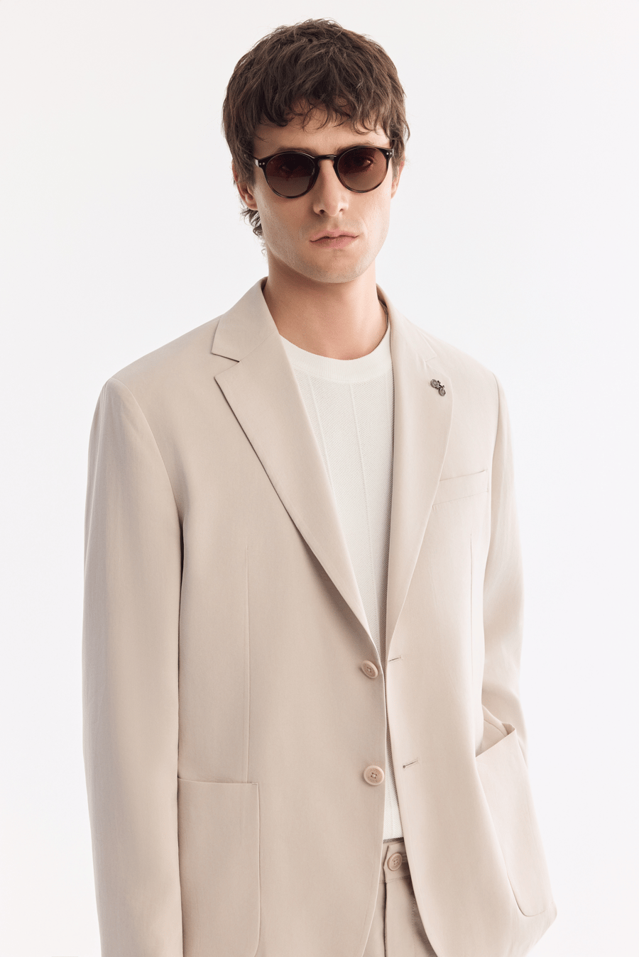 Bej Mono Yaka Torba Cep Çift Yırtmaç Astarsız Malzemesiz Modal-Tensel Kumaşlı Ceket