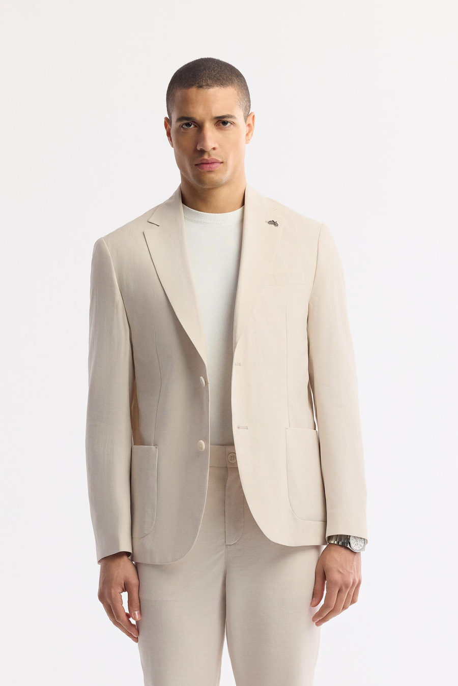 Bej Mono Yaka Torba Cep Çift Yırtmaç Astarsız Lıghtweıght Tensel Kumaşlı Ceket