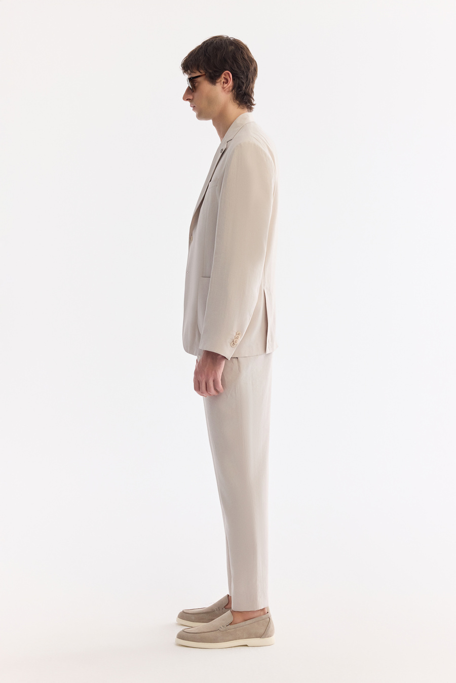 Bej Mono Yaka Torba Cep Çift Yırtmaç Astarsız Malzemesiz Modal-Tensel Kumaşlı Ceket