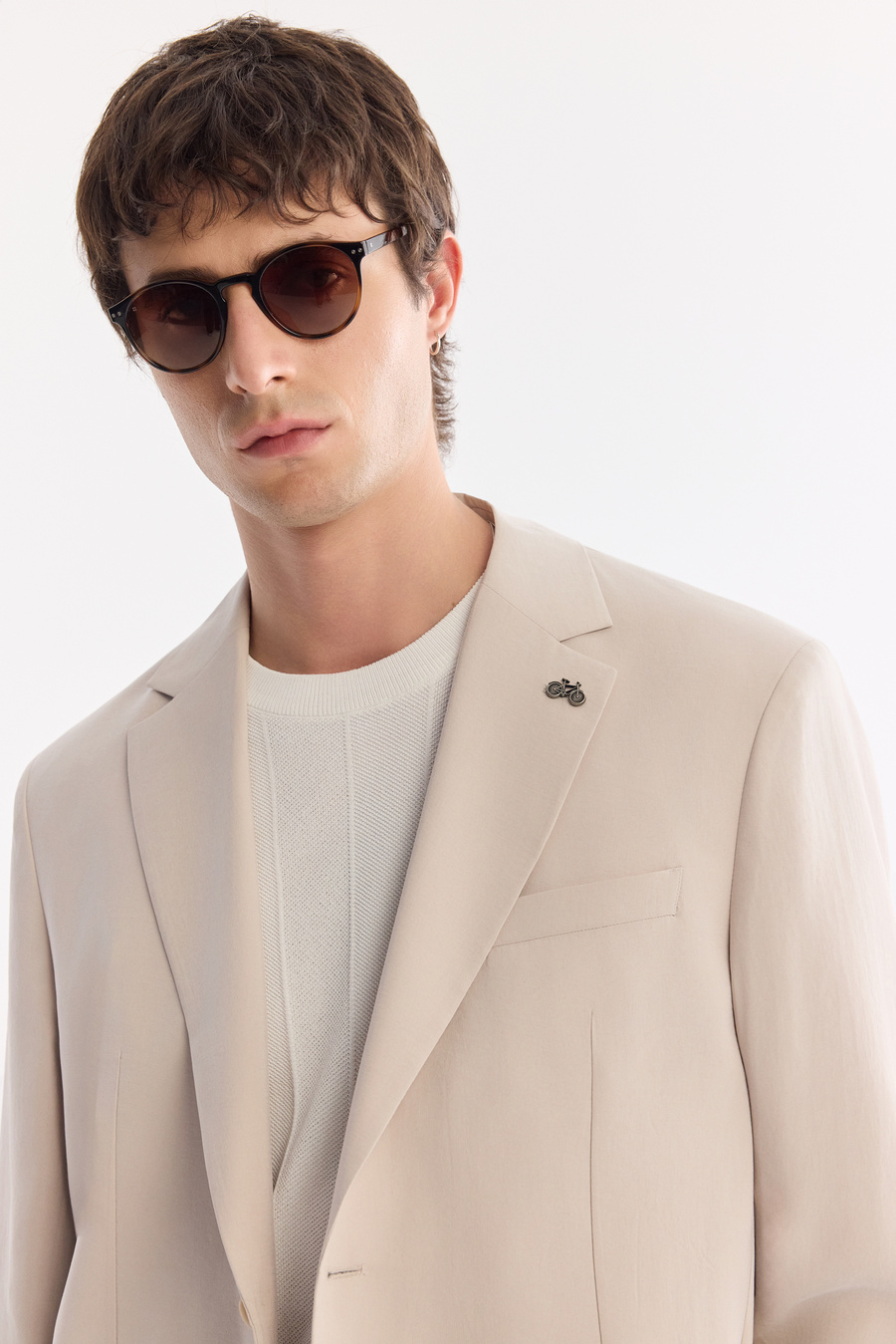 Bej Mono Yaka Torba Cep Çift Yırtmaç Astarsız Malzemesiz Modal-Tensel Kumaşlı Ceket