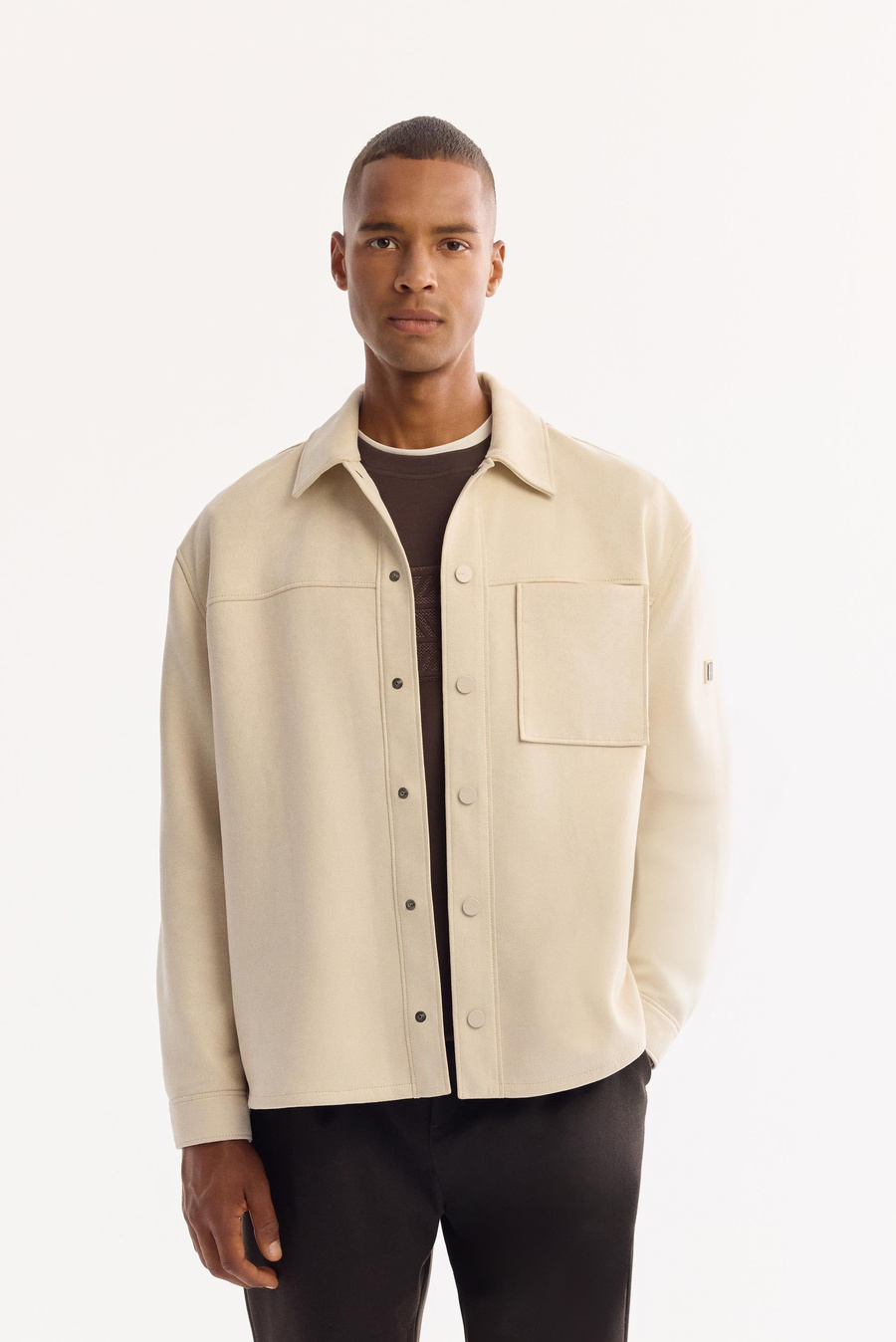 Bej Önü Çıtçıt Düğme Kapama Cepli Süet Suni Deri Gömlek Ceket