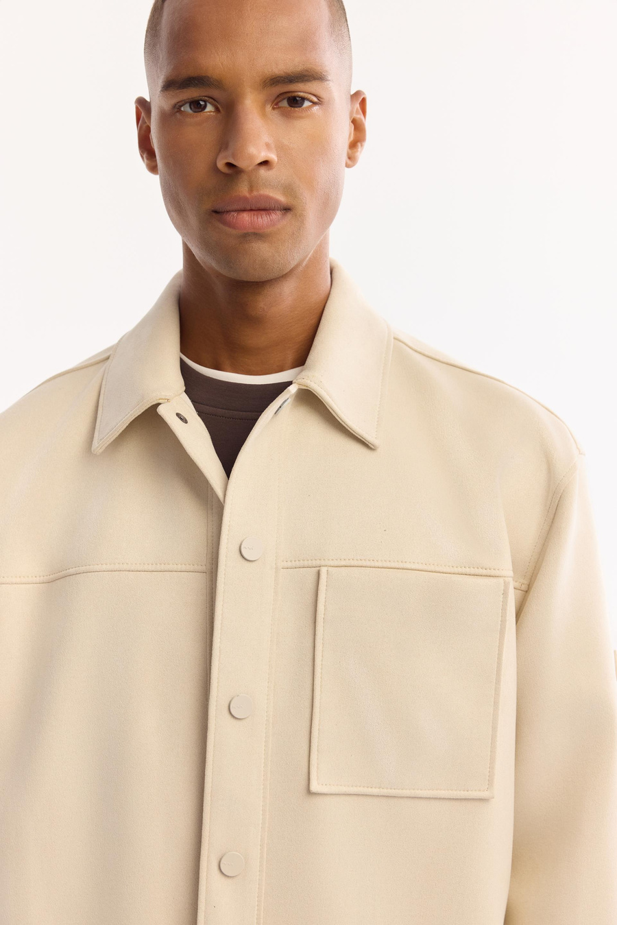 Bej Önü Çıtçıt Düğme Kapama Cepli Süet Suni Deri Gömlek Ceket