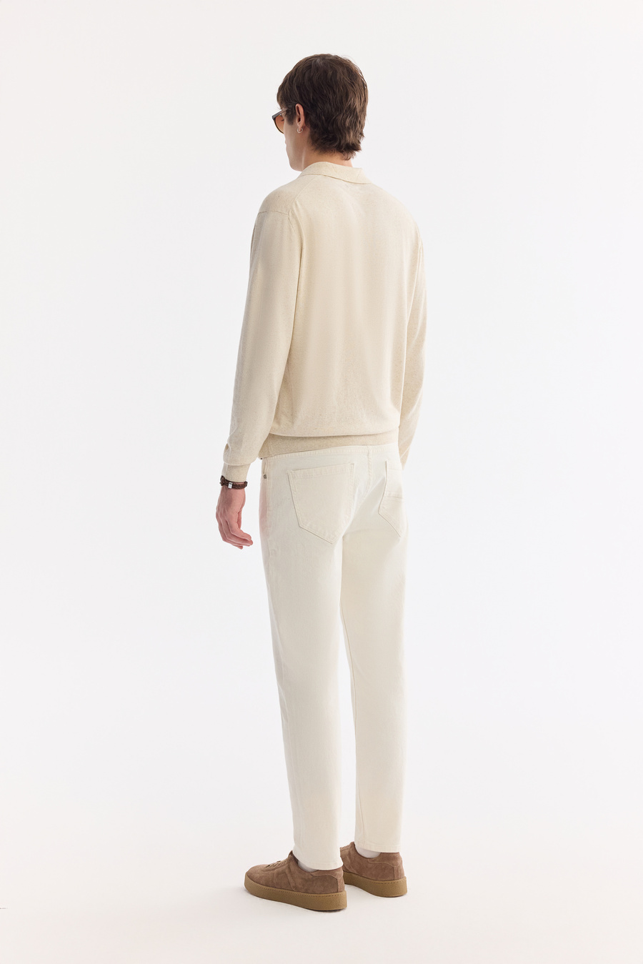 Bej Polo Yaka Düğmesiz Düz Keten Triko Kazak