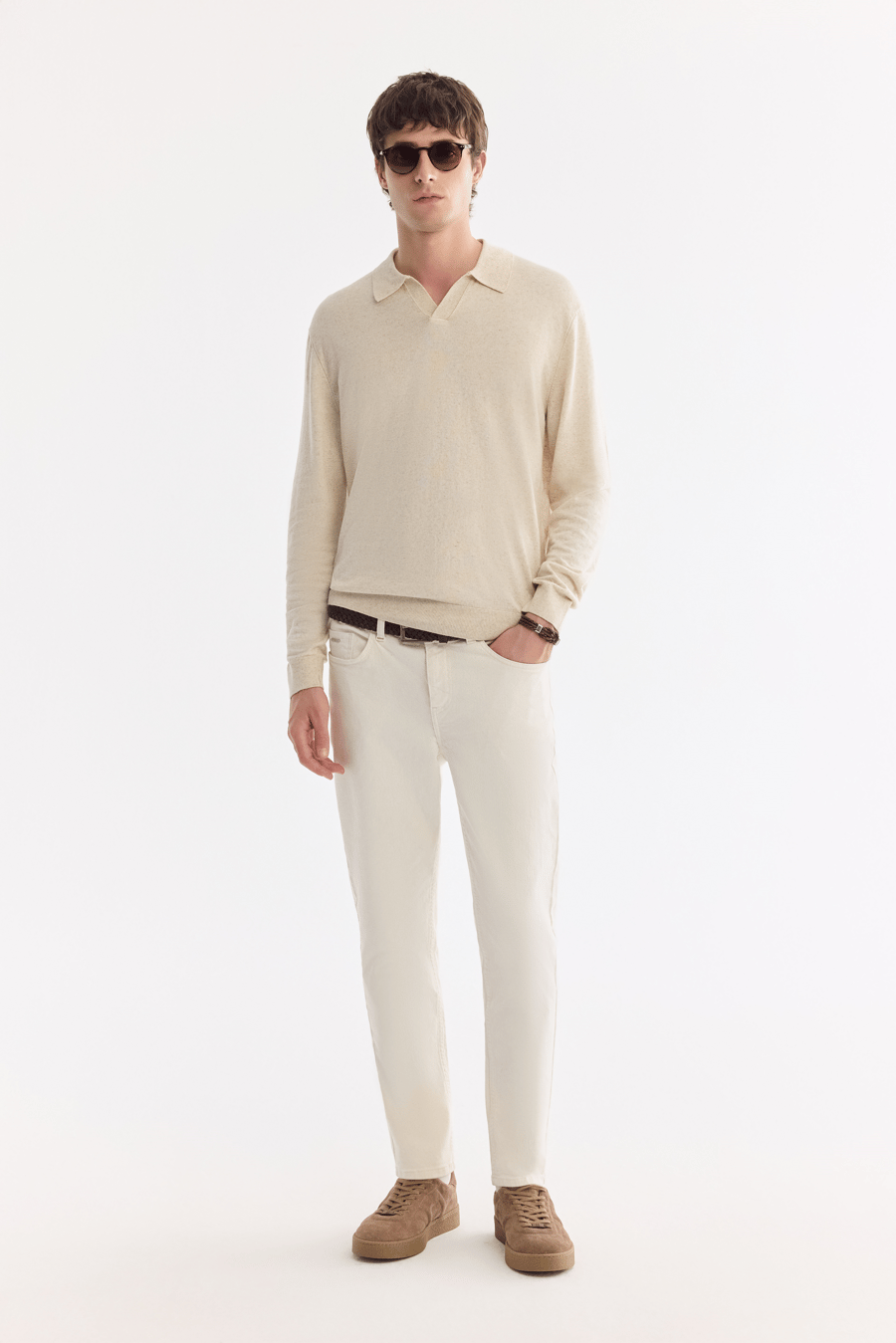 Bej Polo Yaka Düğmesiz Düz Keten Triko Kazak