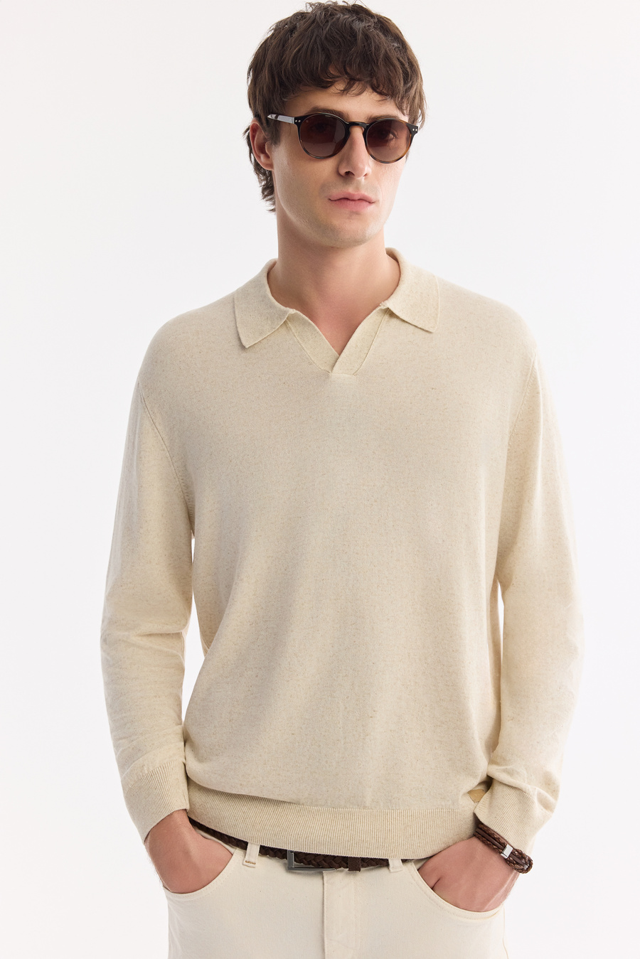 Bej Polo Yaka Düğmesiz Düz Keten Triko Kazak