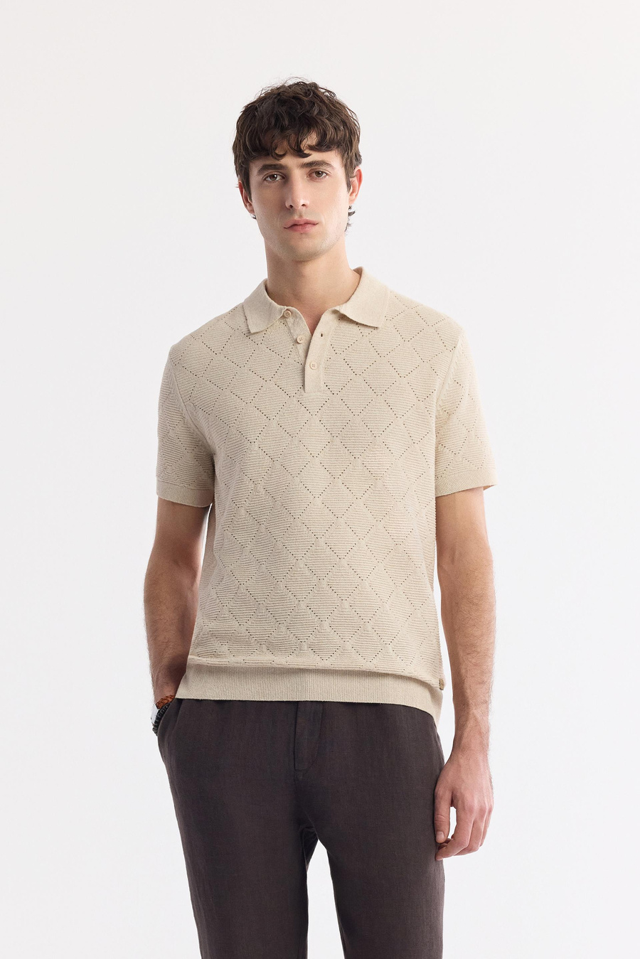 Bej Polo Yaka Jakarlı Buklet İplik Triko T-shirt