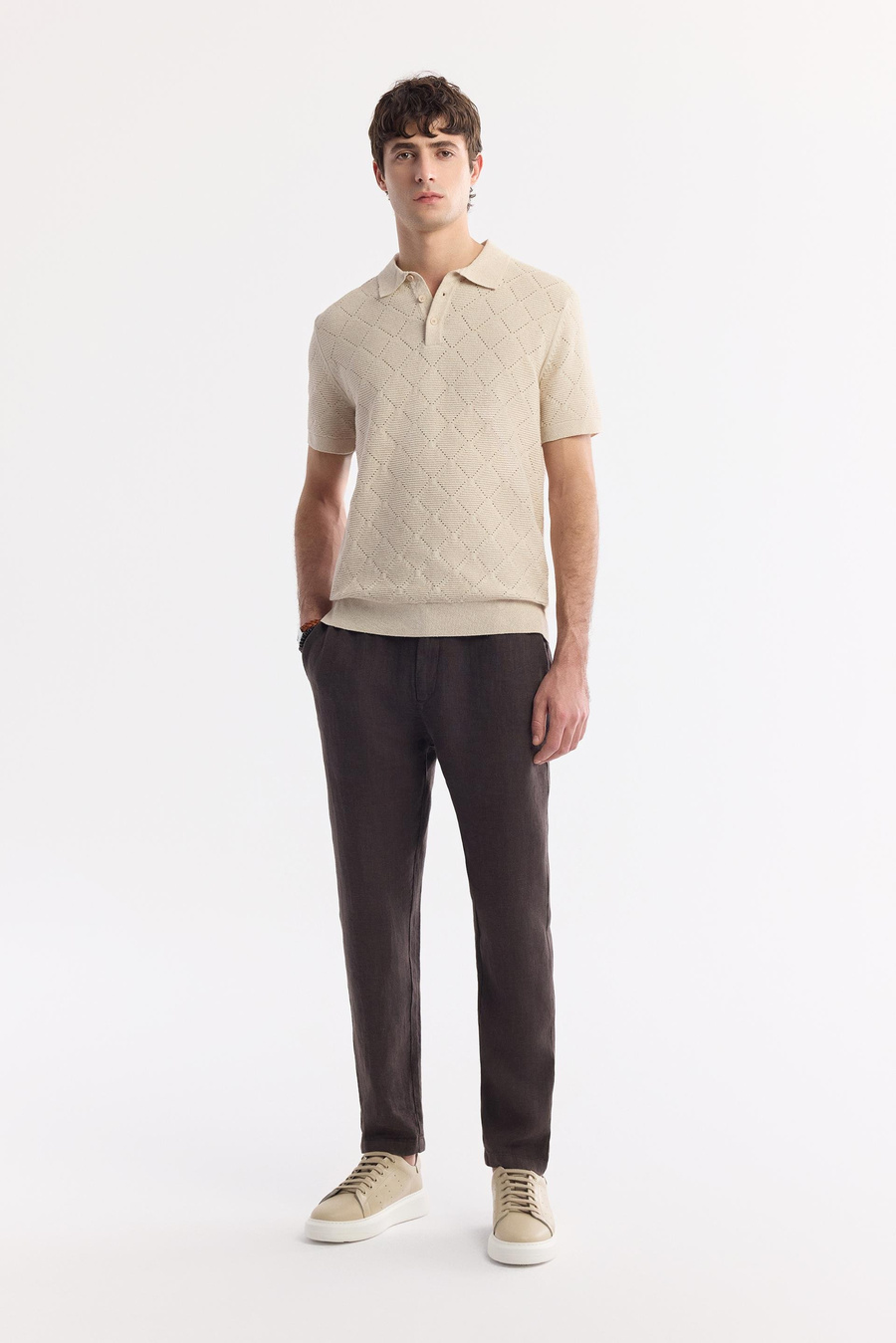 Bej Polo Yaka Jakarlı Buklet İplik Triko T-shirt