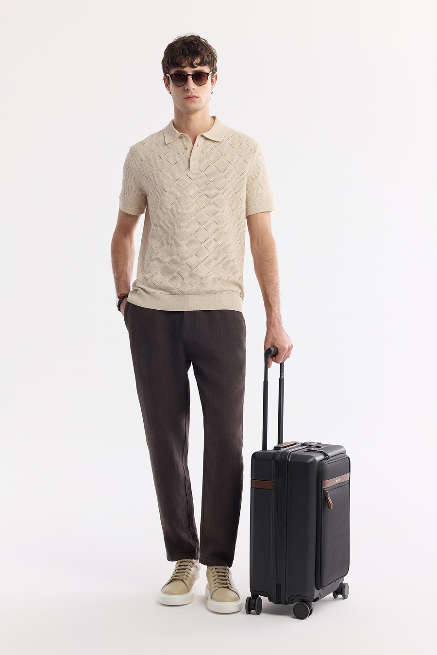 Bej Polo Yaka Jakarlı Buklet İplik Triko T-shirt