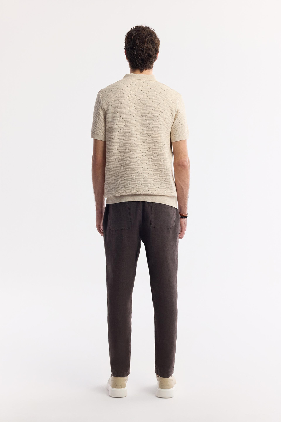 Bej Polo Yaka Jakarlı Buklet İplik Triko T-shirt