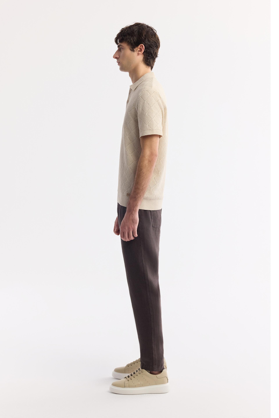 Bej Polo Yaka Jakarlı Buklet İplik Triko T-shirt